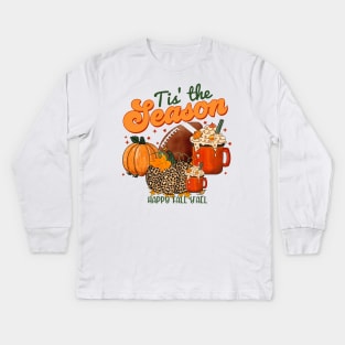 Tis The Season Latte Pumpkin Spice Football Happy Fall Thanksgiving Kids Long Sleeve T-Shirt